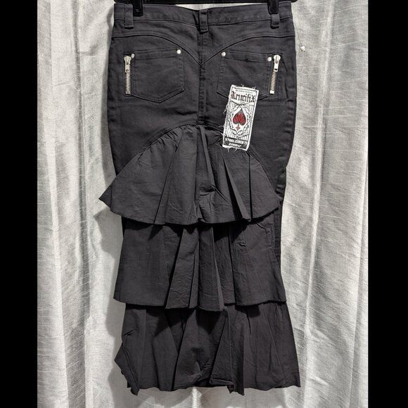 Vintage Lip Service Ruffle Denim Maxi Patch Skirt Black Large - Picture 6 of 14